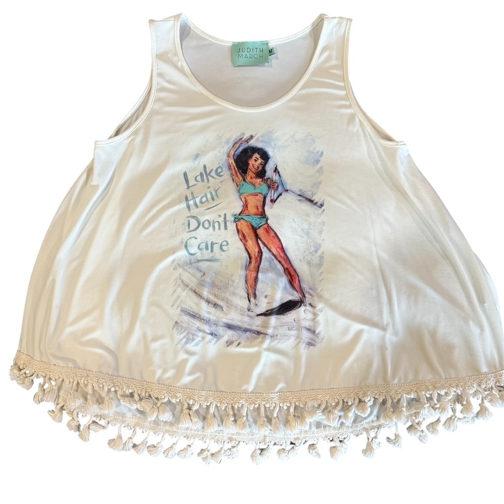 Judith March “Lake Hair Don’t Care” Cream Fringed Tank Top Size Medium in EUC. - Picture 2 of 9